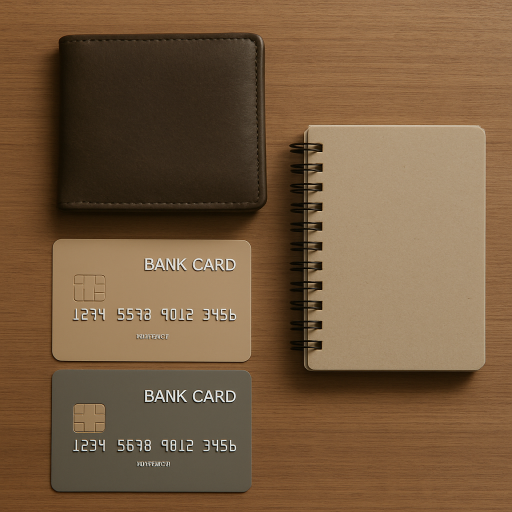 A wallet, bank cards, and a small notebook laid out on a wood desk, representing financial account simplification