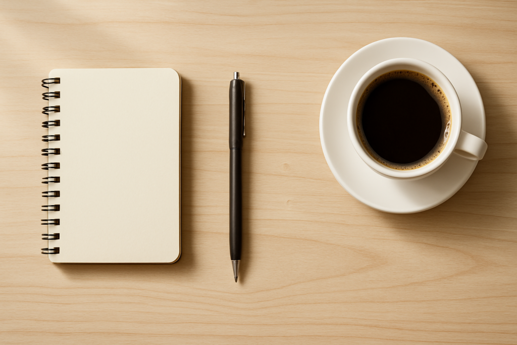 Wide horizontal editorial flat-lay of a small notebook, a pen, and a cup of coffee on a bright light wood desk, soft nat