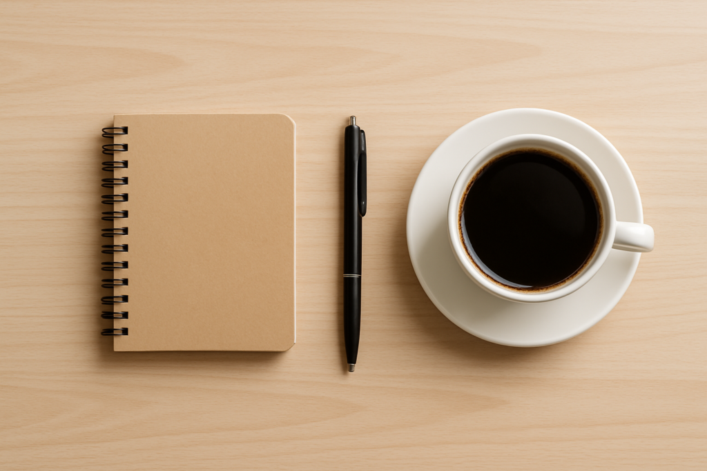 Wide horizontal editorial flat-lay of a small notebook, a pen, and a cup of coffee on a bright light wood desk, soft nat