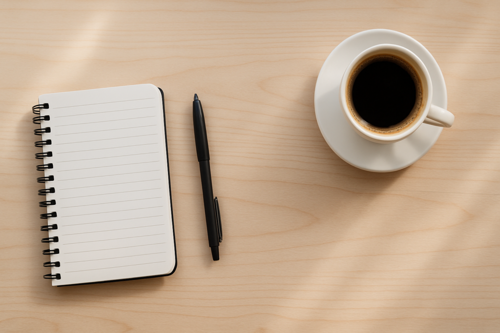 Wide horizontal editorial flat-lay of a small notebook, a pen, and a cup of coffee on a bright light wood desk, soft nat