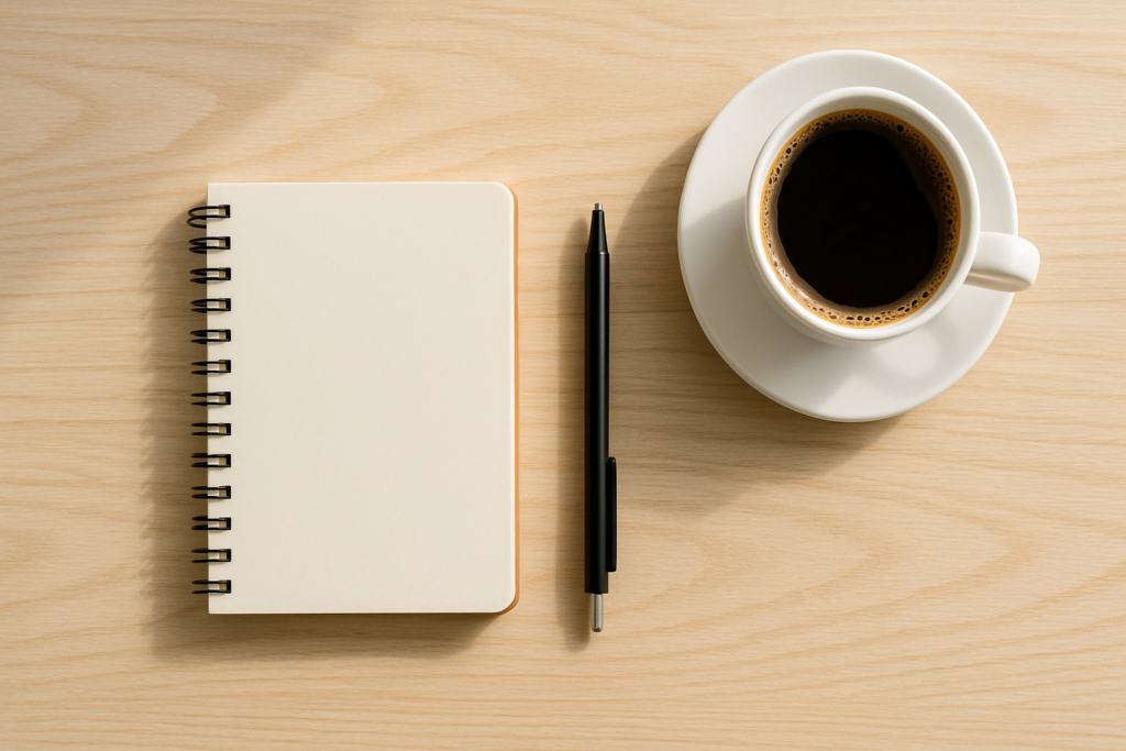 Wide horizontal editorial flat-lay of a small notebook, a pen, and a cup of coffee on a bright light wood desk, soft nat