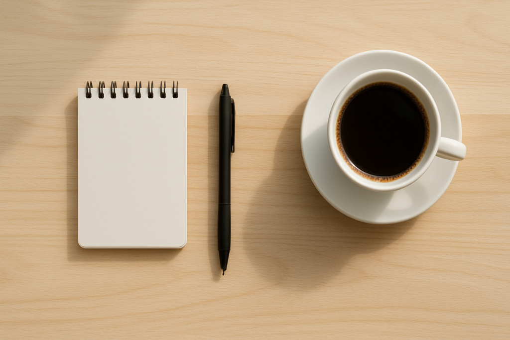 Wide horizontal editorial flat-lay of a small notebook, a pen, and a cup of coffee on a bright light wood desk, soft nat