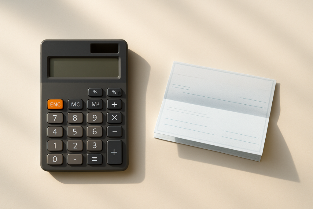 Wide horizontal editorial flat-lay of a calculator and a folded check on a bright light desk, soft natural light, no peo