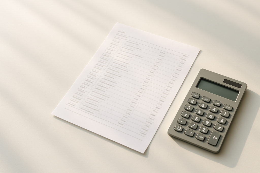 Wide horizontal editorial flat-lay of a credit card statement and a calculator on a bright light desk, soft natural ligh