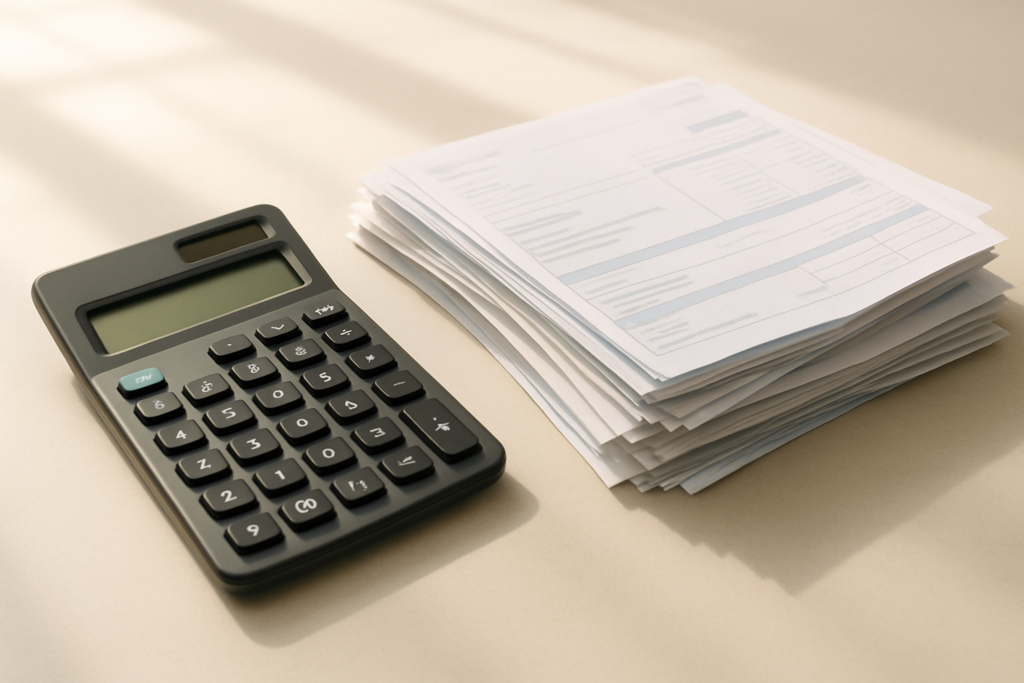 Wide horizontal editorial flat-lay of a stack of unpaid bills next to a calculator on a bright light desk, soft natural