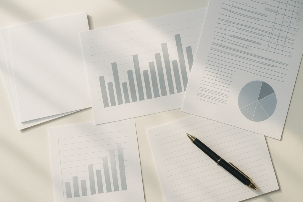 Wide horizontal editorial flat-lay of paperwork and a pen on a bright light desk, soft natural light, no people, no text