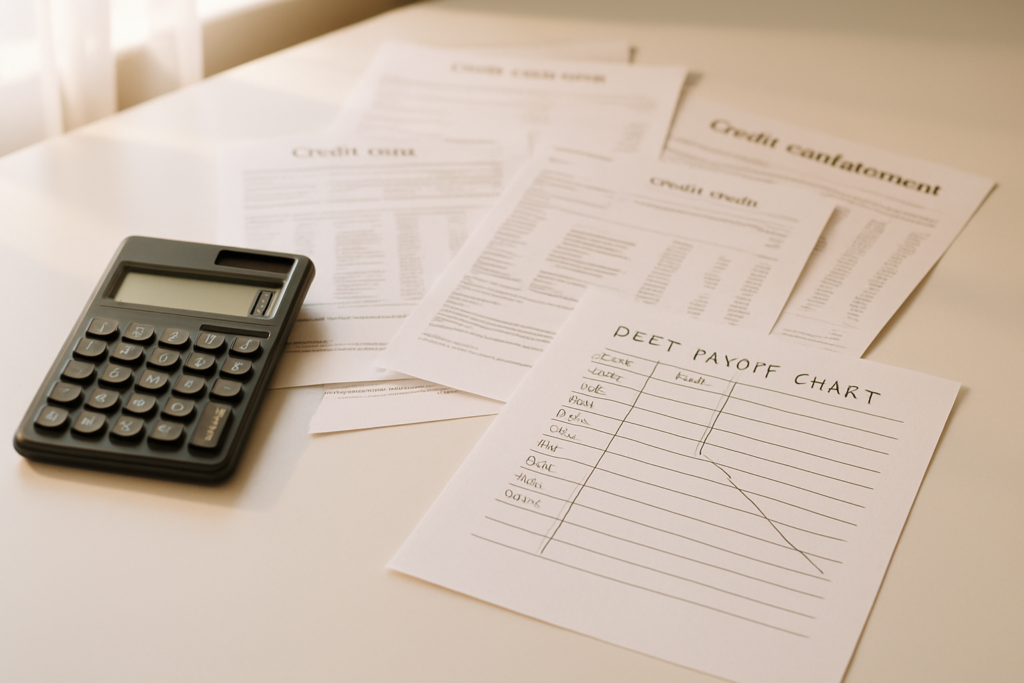 wide horizontal editorial photo of a calculator, scattered credit card statements, and a handwritten debt payoff chart o