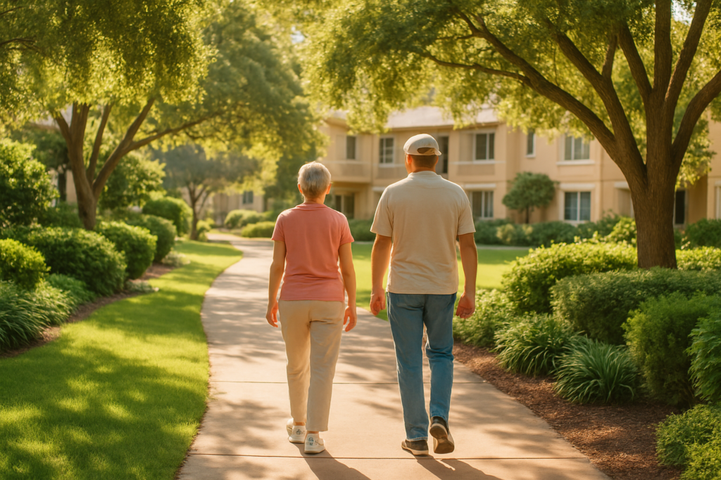 Wide horizontal editorial photo of a couple walking side by side along a sun-dappled garden path through a well-kept res
