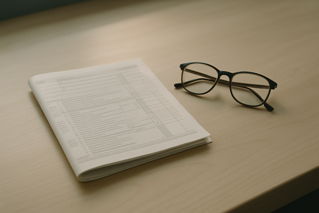wide horizontal editorial photo of a folded tax form resting beside a pair of reading glasses on a light wood desk, soft