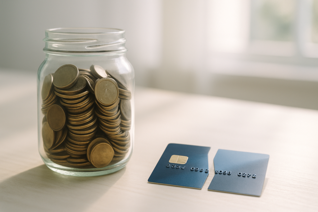 Wide horizontal editorial photo of a glass jar of coins next to a cut credit card on a bright light desk, soft natural l