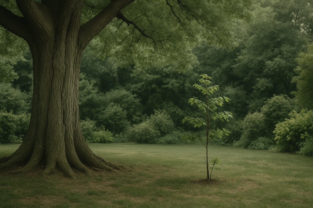 Wide horizontal editorial photo of a large tree with a small sapling growing nearby in a garden, soft natural light, mut