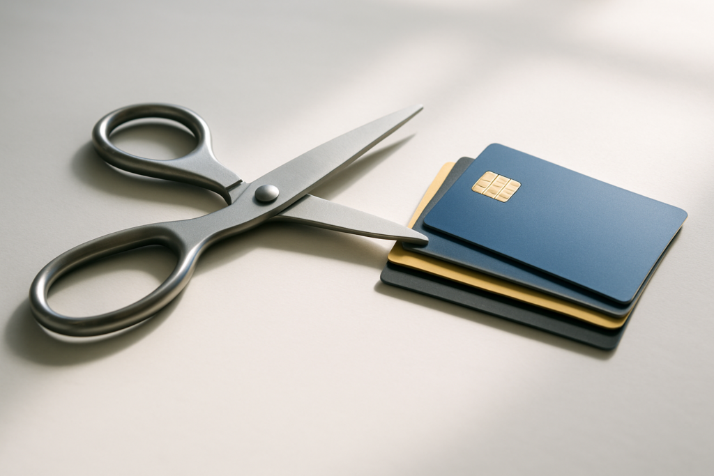 Wide horizontal editorial photo of a pair of scissors resting beside a stack of credit cards on a light desk, bright nat