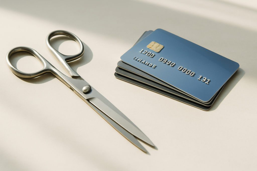 Wide horizontal editorial photo of a pair of scissors resting beside a stack of credit cards on a light desk, bright nat