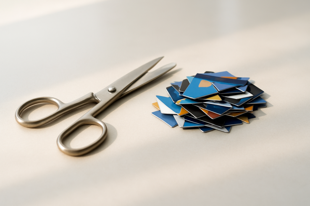 Wide horizontal editorial photo of a pair of scissors resting beside a cut stack of credit cards on a bright light desk,
