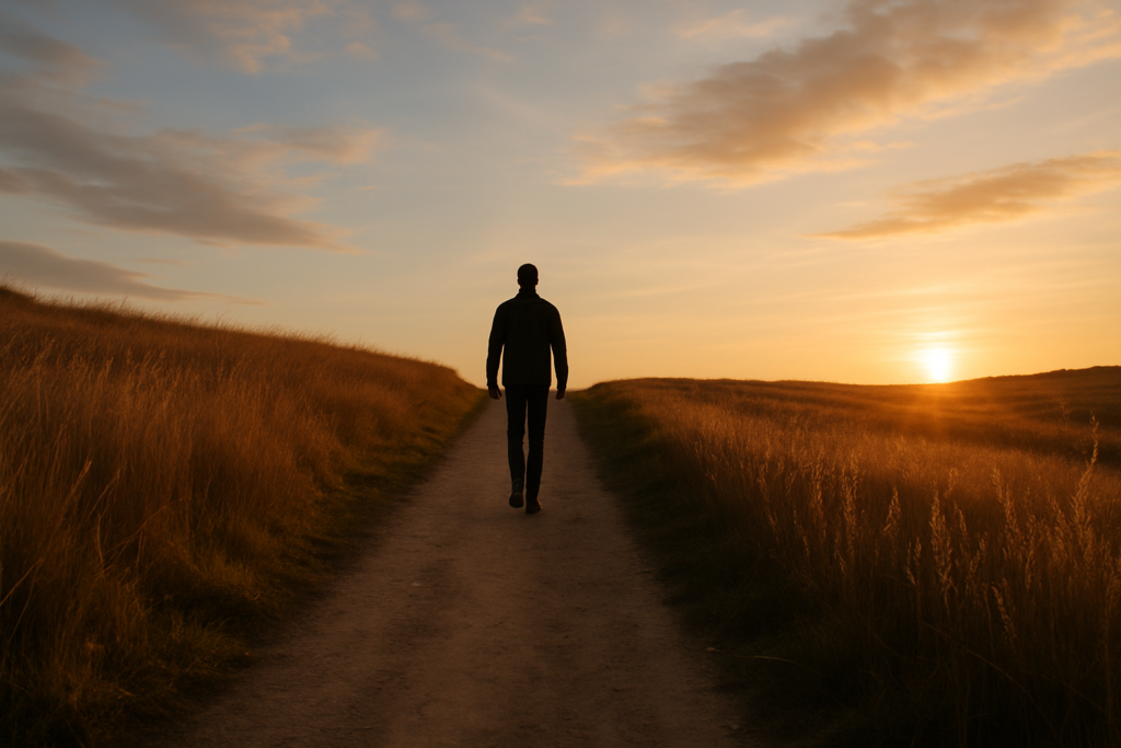 wide horizontal editorial photo of a peaceful hiking trail at golden hour stretching through an open landscape, a lone s