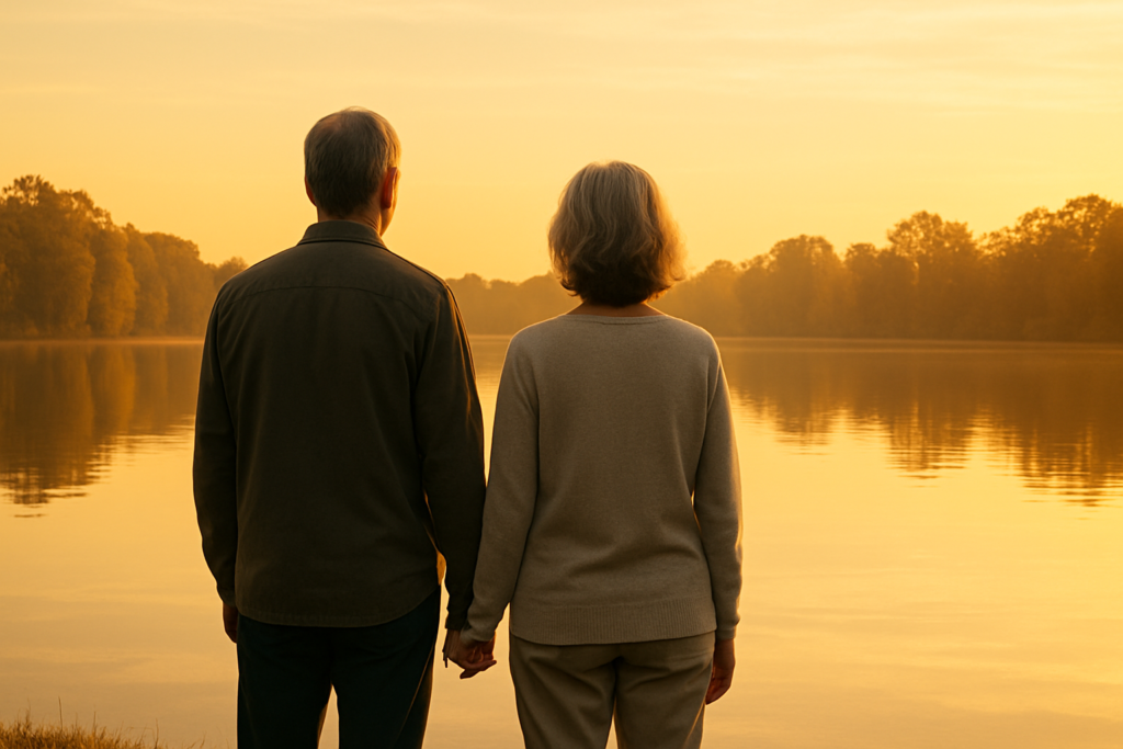 Wide horizontal editorial photo of a silhouetted couple standing at the edge of a calm lake at sunrise, seen from behind