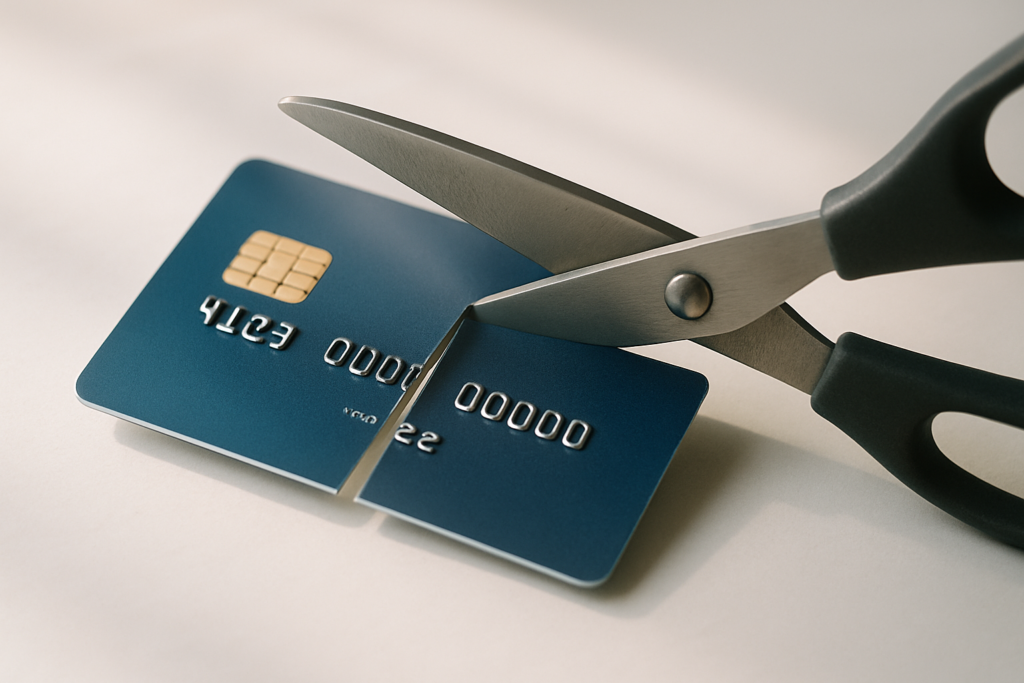 Wide horizontal editorial photo of a single credit card being cut in half with scissors on a bright light surface, soft