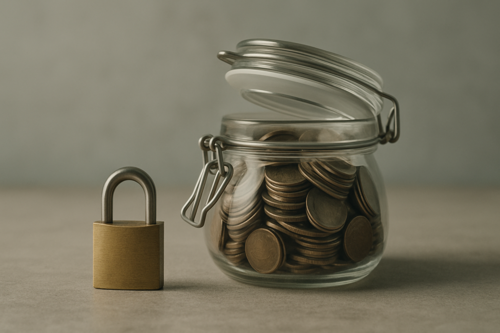 Wide horizontal editorial photo of a small padlock resting beside a glass jar of coins with the lid slightly open, muted