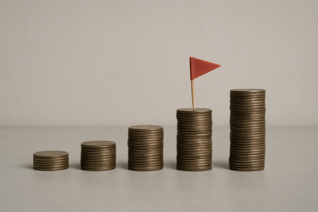 Wide horizontal editorial photo of a staircase made of stacked coins with a small red flag marker on one step, muted col