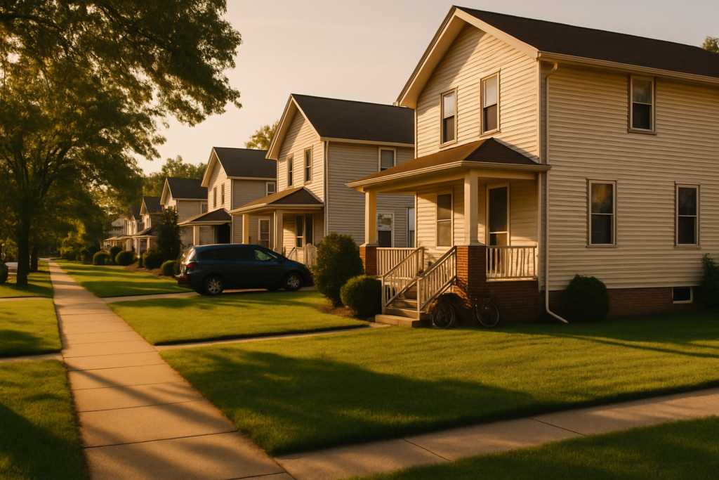 wide horizontal editorial photo of a well-kept mid-American suburban street in warm late-afternoon light, modest two-sto