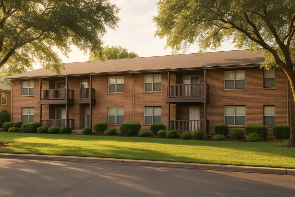 wide horizontal editorial photo of a well-kept suburban apartment complex, two-story brick building with balconies and m