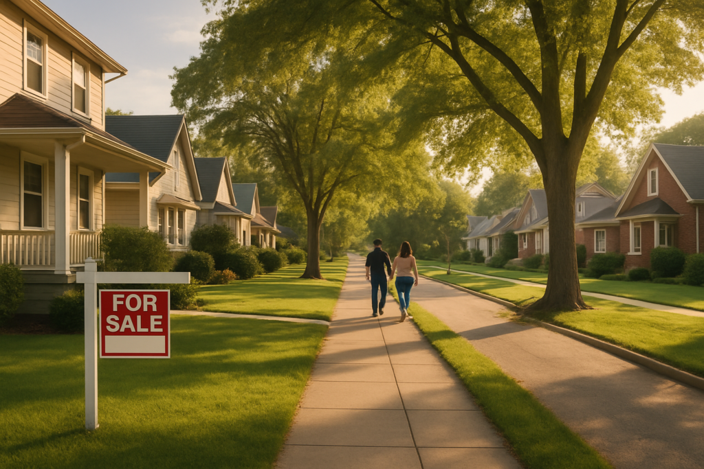 Wide horizontal editorial photo of a well-kept suburban residential street in warm afternoon light, modest attractive si