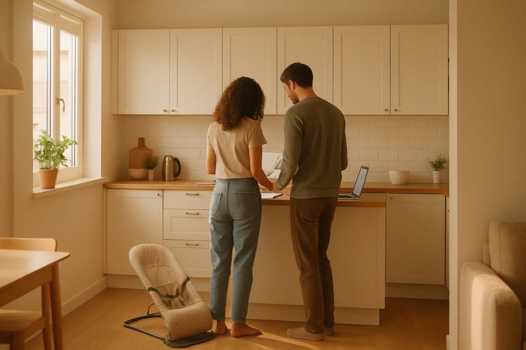 wide horizontal editorial photo of a young couple standing in a well-lit modern apartment kitchen, viewed from behind or