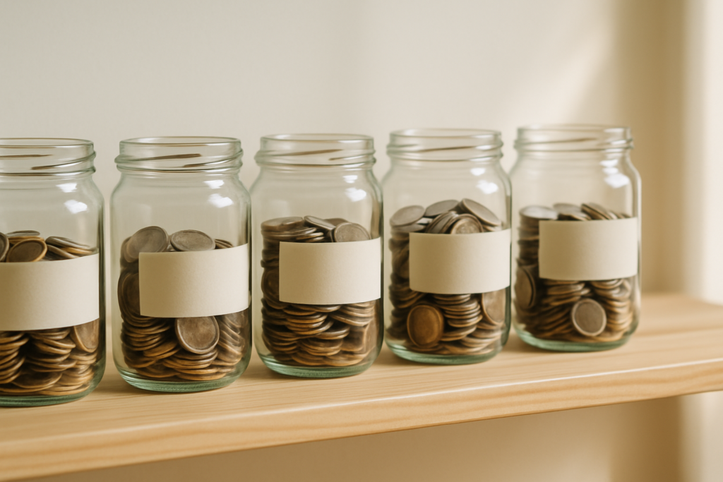 Wide horizontal editorial photo of several small labeled glass jars with coins lined up on a bright wood shelf, soft nat