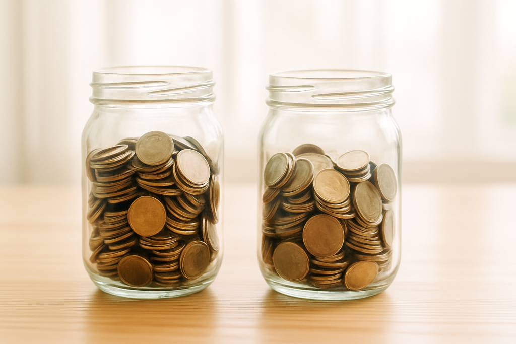 Wide horizontal editorial photo of two glass jars of coins side by side on a light wood table, bright natural light, no