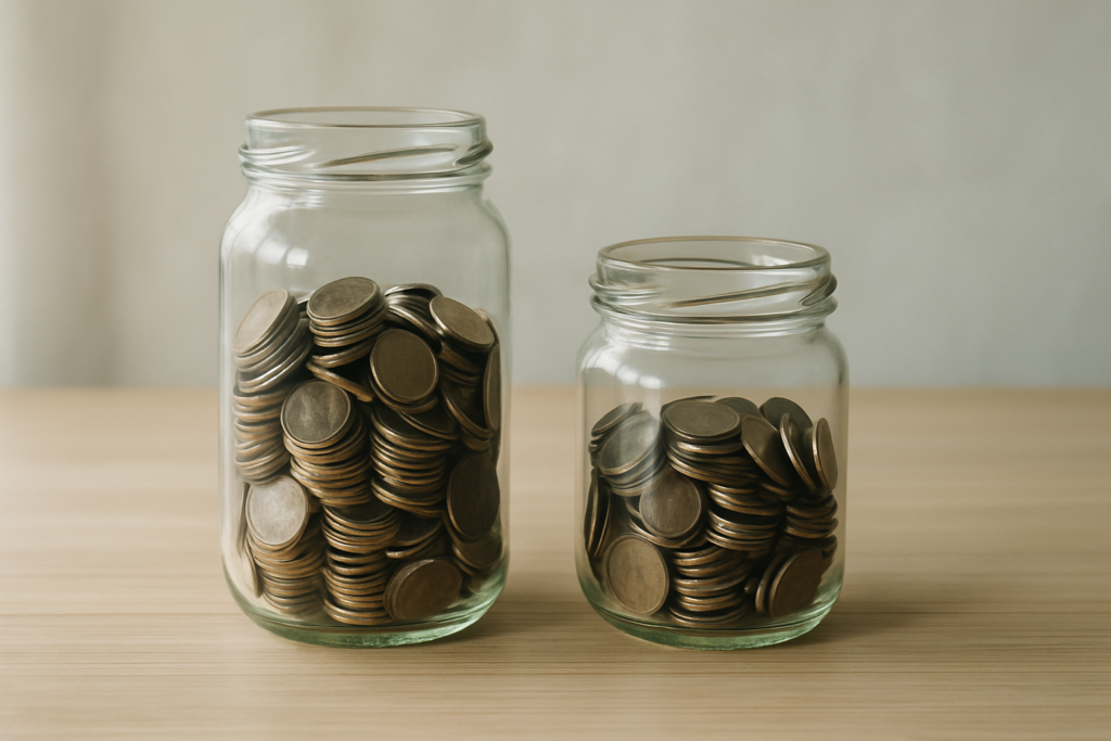 Wide horizontal editorial photo of two glass jars of coins side by side on a light wood surface, one jar noticeably tall
