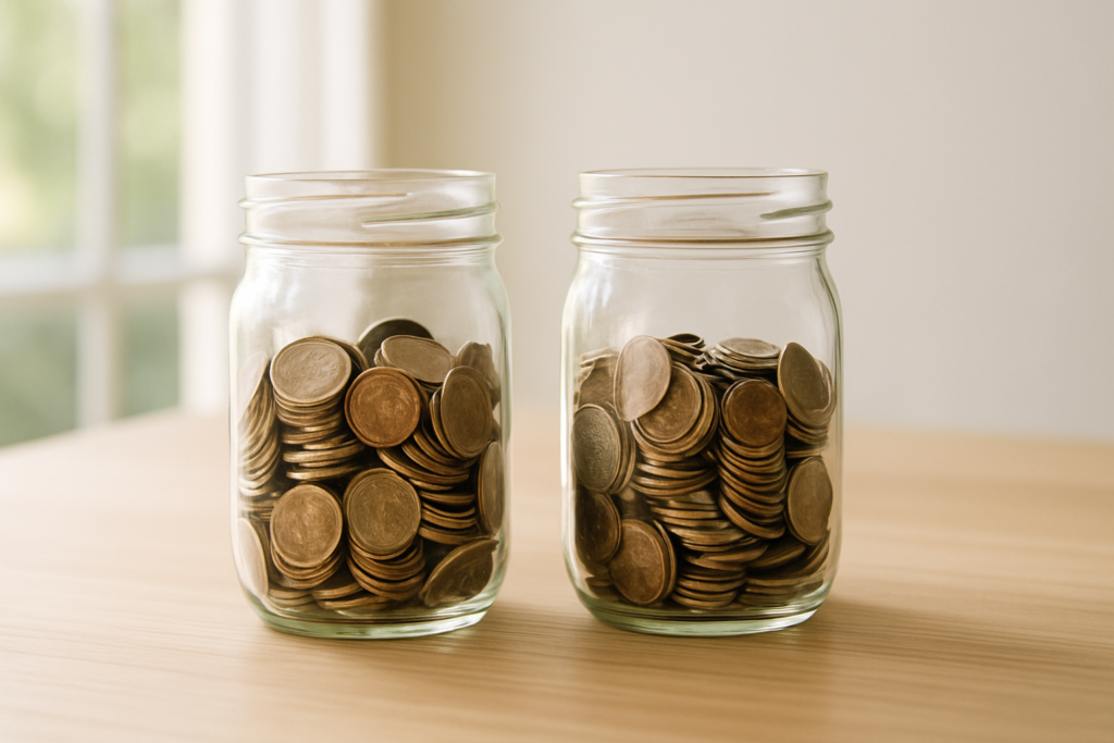Wide horizontal editorial photo of two glass jars of coins side by side on a light wood table, bright natural light, no