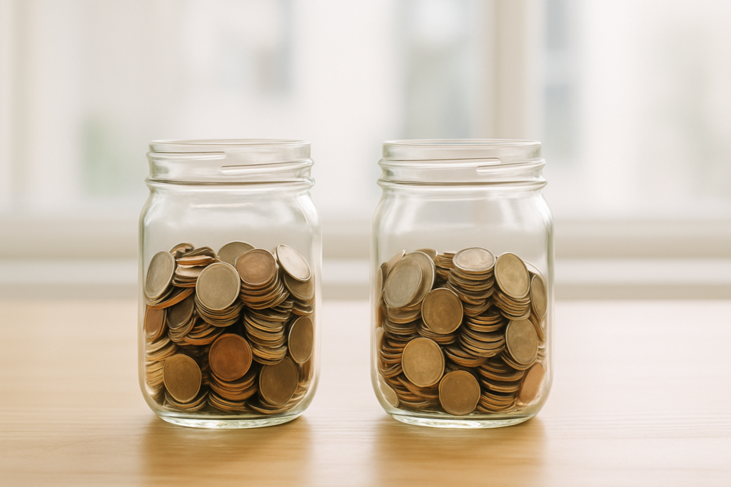 Wide horizontal editorial photo of two glass jars of coins side by side on a light wood table, bright natural light, no