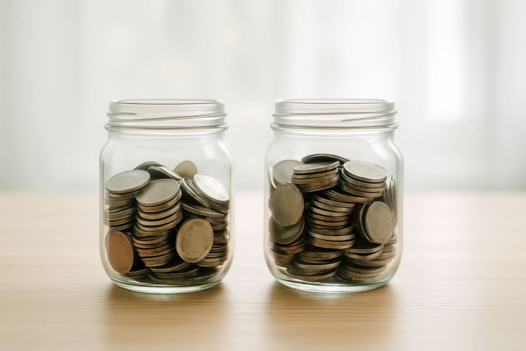 Wide horizontal editorial photo of two glass jars of coins side by side on a light wood table, bright natural light, no