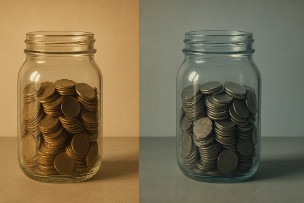Wide horizontal editorial photo of two identical glass jars of coins in different lighting (one warm, one cool toned), m