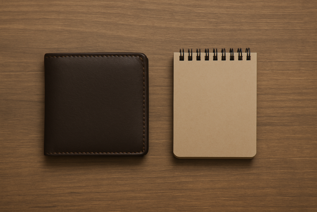 A wallet and notebook arranged across a wood desk, representing financial planning
