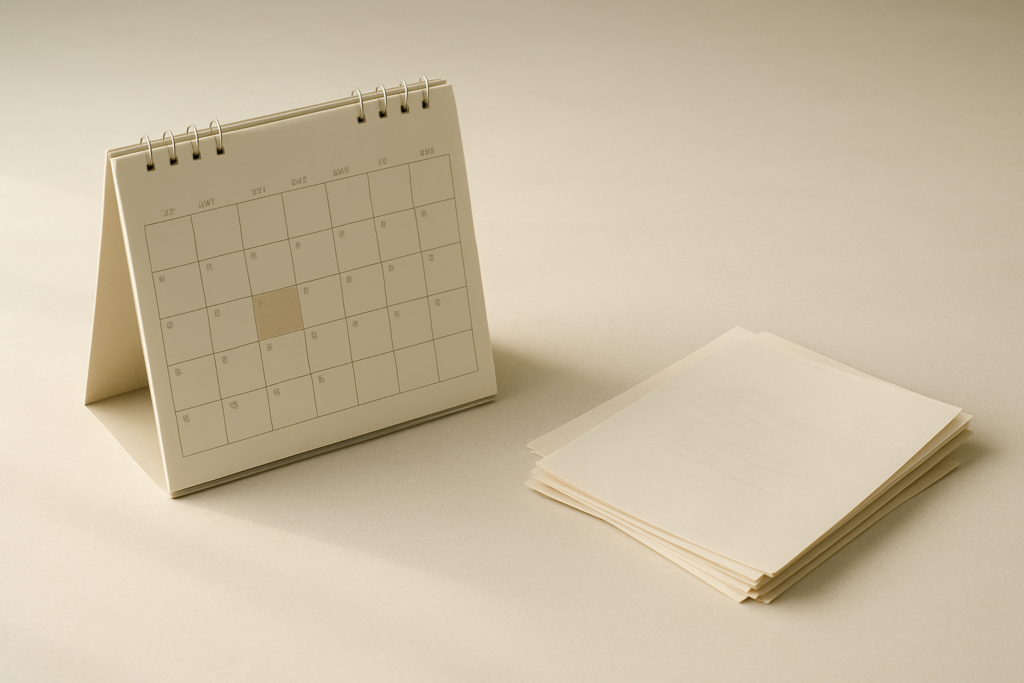 Wide horizontal flat-lay of a desk calendar with a page marked, next to a small stack of papers, soft light, muted color