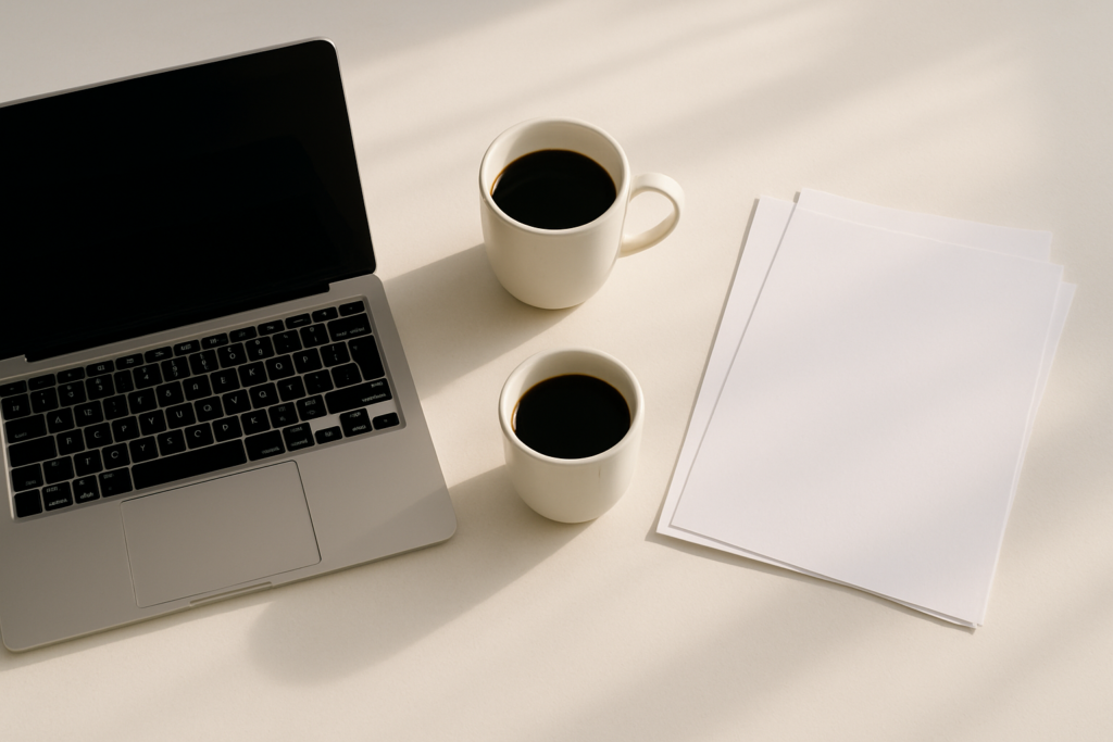 Wide horizontal flat-lay of a laptop, a coffee cup, and a stack of invoice papers on a bright light desk, soft morning l