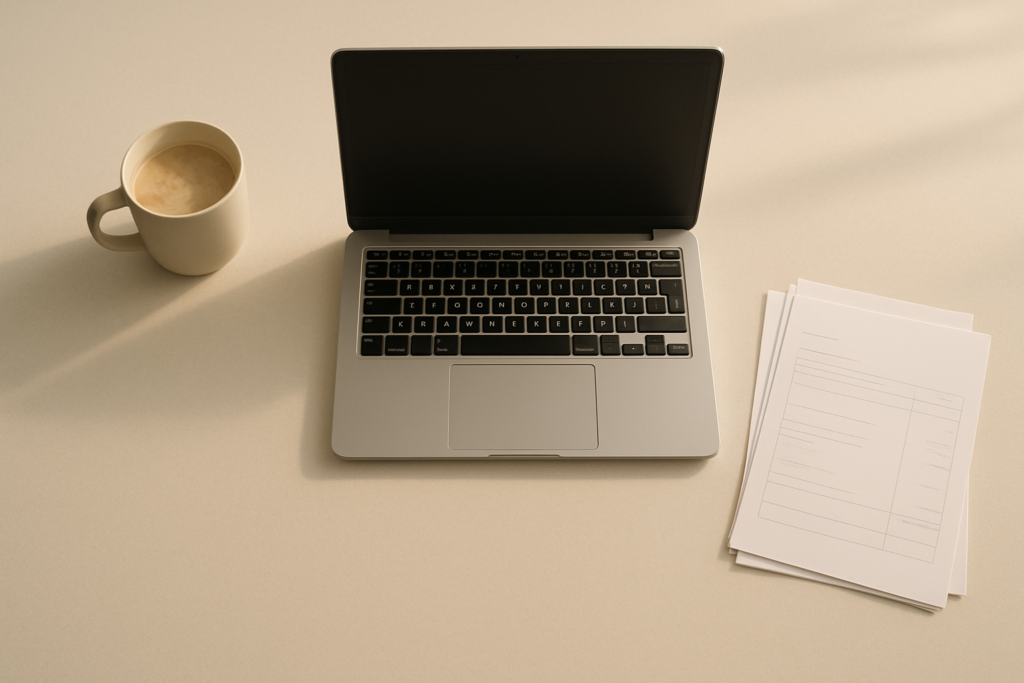 Wide horizontal flat-lay of a laptop, a coffee cup, and a stack of invoice papers on a light desk, soft morning light, m