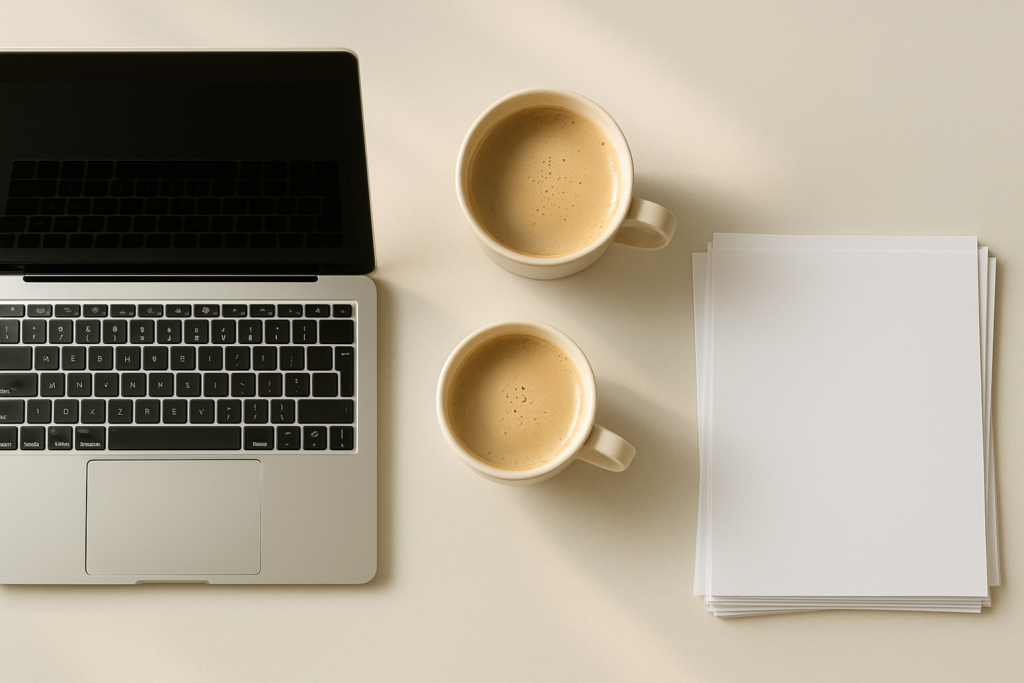 Wide horizontal flat-lay of a laptop, a coffee cup, and a stack of invoice papers on a bright light desk, soft morning l