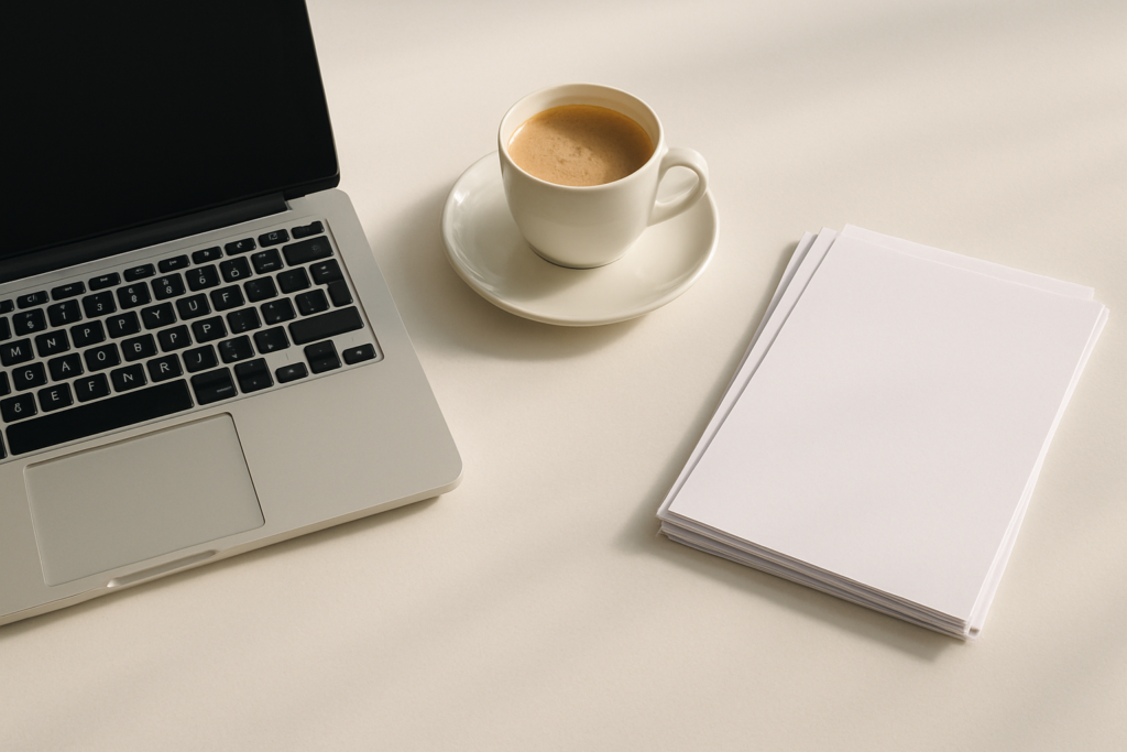 Wide horizontal flat-lay of a laptop, a coffee cup, and a stack of invoice papers on a bright light desk, soft morning l