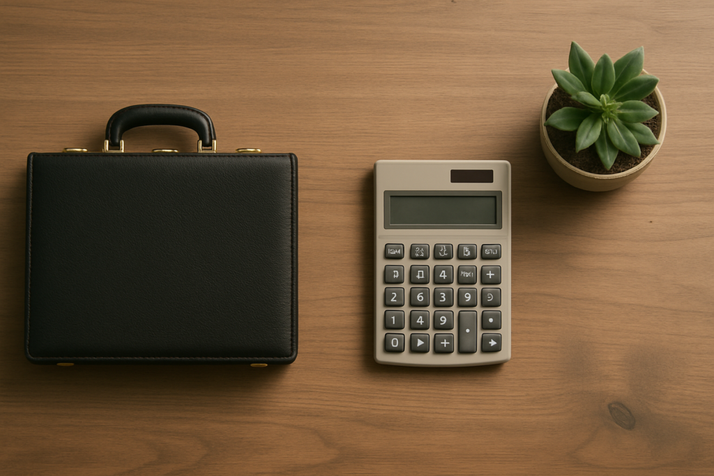 Wide horizontal flat-lay of a small briefcase, a calculator, and a small potted plant on a wood desk, soft light, muted