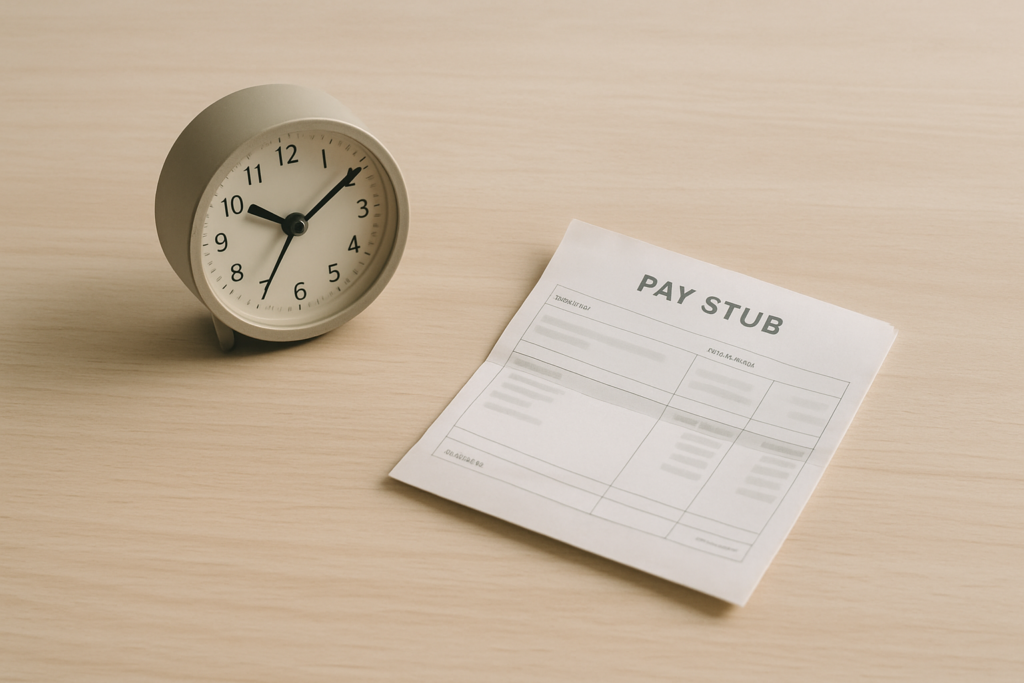Wide horizontal flat-lay of a small desk clock and a folded pay stub on a light wood surface, soft light, muted colors,