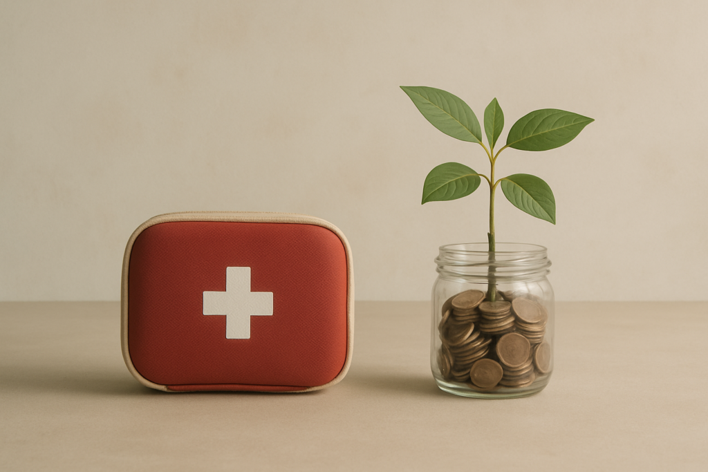 Wide horizontal flat-lay of a small first-aid kit beside a glass jar with a small plant growing from it, soft light, mut