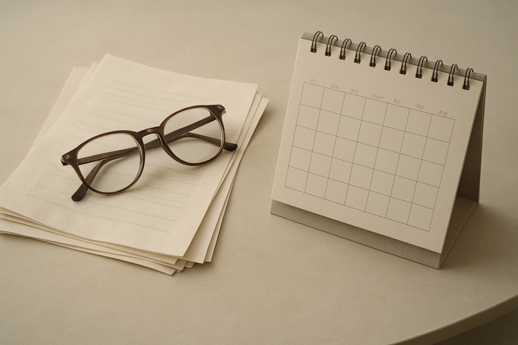 Wide horizontal flat-lay of reading glasses resting on top of paperwork next to a desk calendar, soft light, muted color