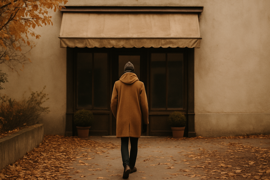 Wide horizontal photo, a single person shown from behind at a distance walking toward a small storefront entrance, muted
