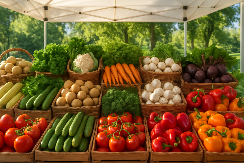 Wide horizontal photo of a bright, well-organized farmers market stall with fresh produce, cheerful daylight, no people,