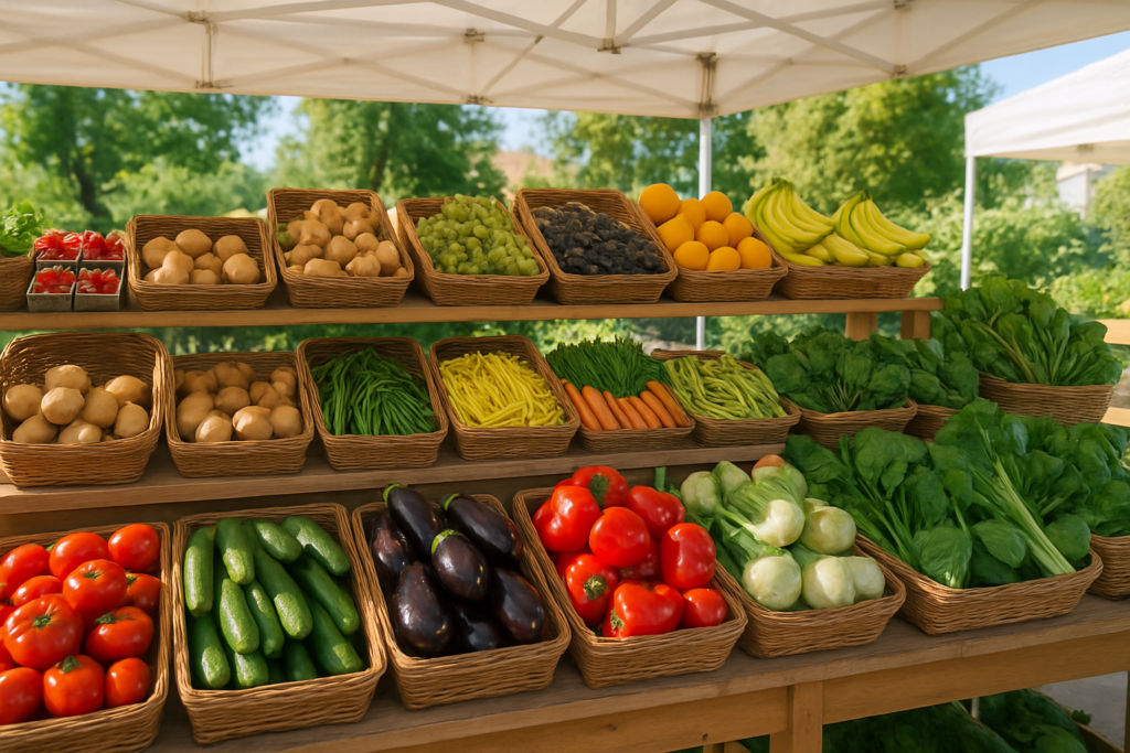 Wide horizontal photo of a bright, well-organized farmers market stall with fresh produce, cheerful daylight, no people,