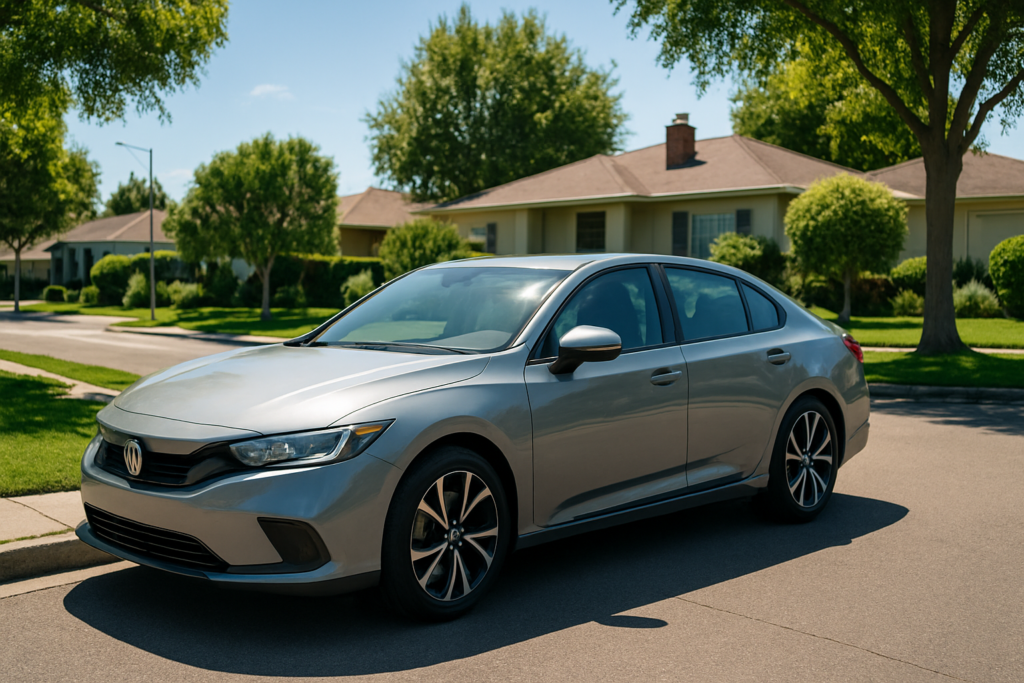 Wide horizontal photo of a clean modern car parked along a sunny suburban street, bright daytime, no people, no text