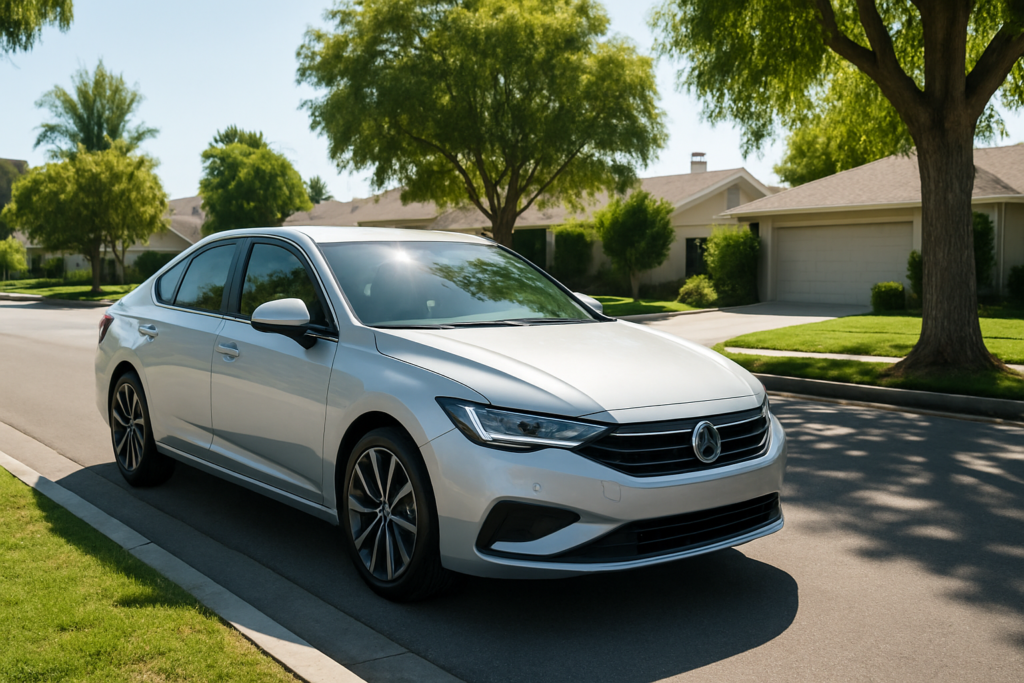 Wide horizontal photo of a clean modern car parked along a sunny suburban street, bright daytime, no people, no text