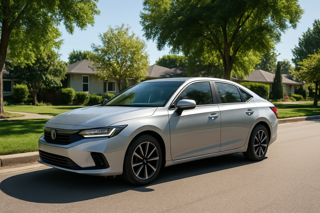 Wide horizontal photo of a clean modern car parked along a sunny suburban street, bright daytime, no people, no text